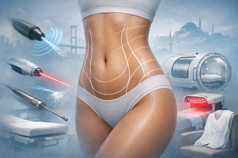 Liposuction procedure concept showing abdominal contour marking, cannula-based fat removal techniques, and recovery support technologies in Istanbul clinic setting.