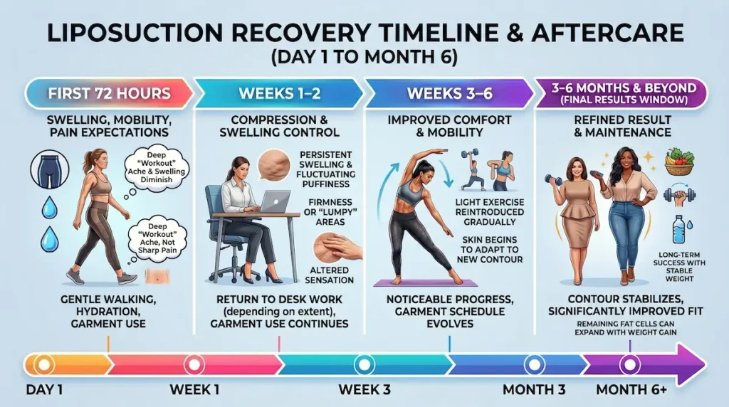 Liposuction recovery timeline infographic for liposuction with skin tightening showing first 72 hours, weeks 1–2, weeks 3–6, and months 3–6.