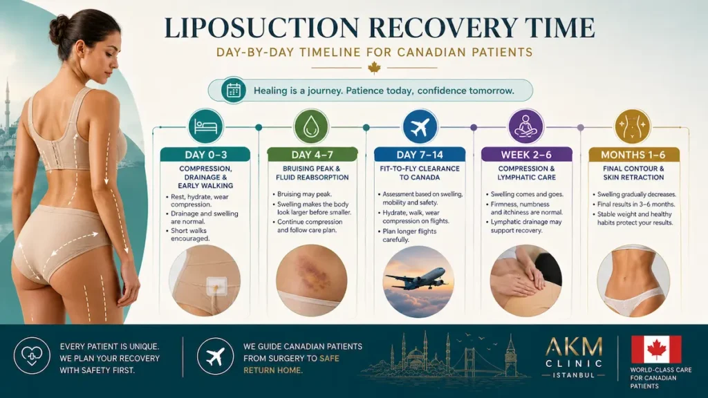 Liposuction recovery timeline infographic showing day 0 to 6 months of compression, bruising, fit-to-fly clearance, lymphatic care, and final contour.