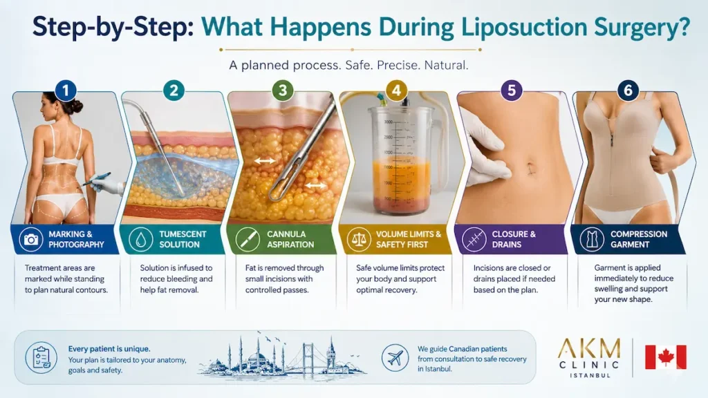 Liposuction surgery step by step infographic showing marking, tumescent solution, cannula aspiration, volume limits, closure, drains, and compression garment.