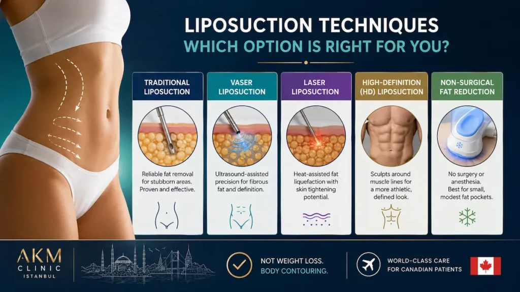 Liposuction techniques compared infographic showing traditional, VASER, laser, HD liposuction, and non-surgical fat reduction for Canadian patients.