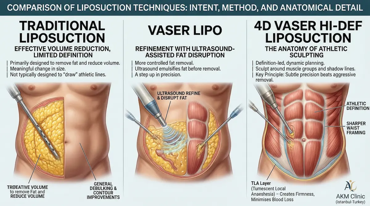 Diagram comparing traditional liposuction, Vaser lipo and 4D Vaser Hi-Def — includes tumescent local anaesthesia layer.
