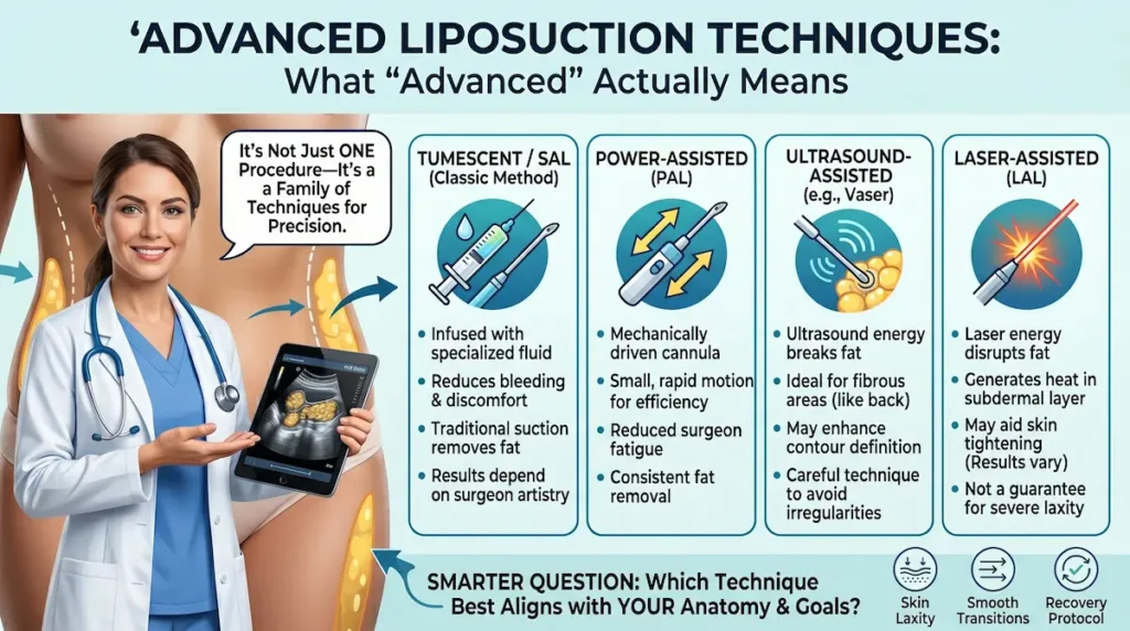 Liposuction techniques explained infographic comparing tumescent/SAL, power-assisted (PAL), ultrasound-assisted (VASER), and laser-assisted methods for liposuction with skin tightening planning.