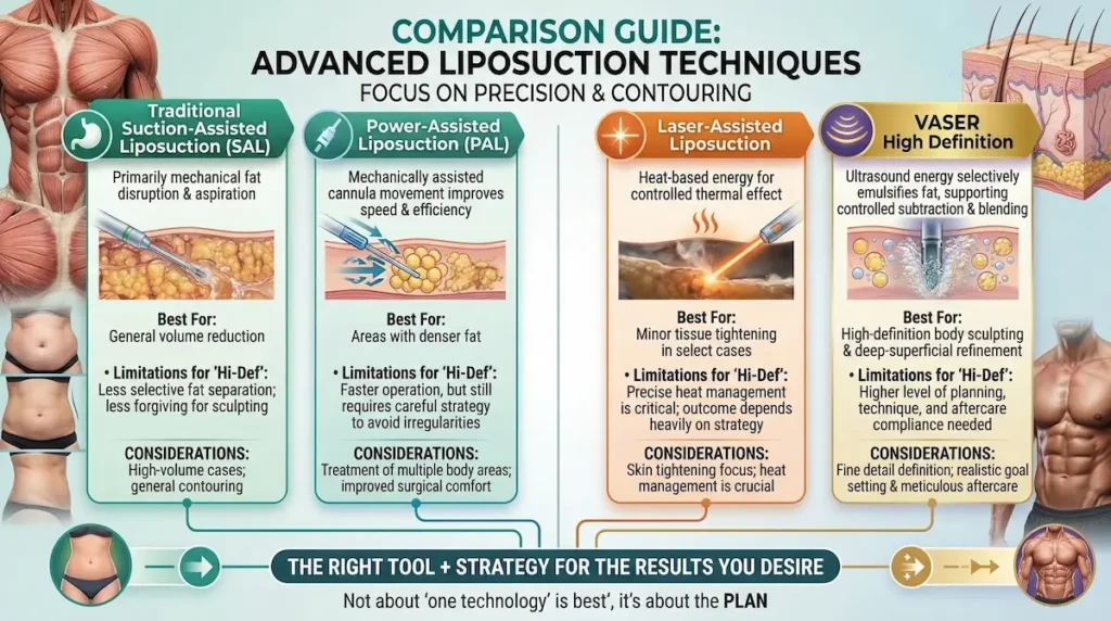 High Def Vaser Liposuction vs SAL, PAL and laser-assisted liposuction comparison infographic.