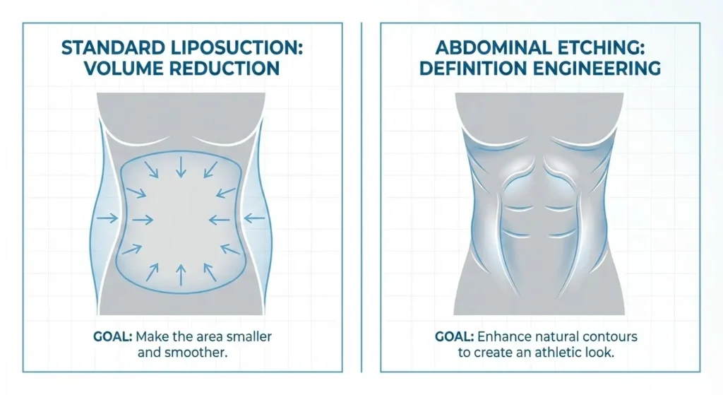 Two-panel illustration comparing standard liposuction focused on volume reduction with awake abdominal etching focused on definition engineering and enhancing natural contours.