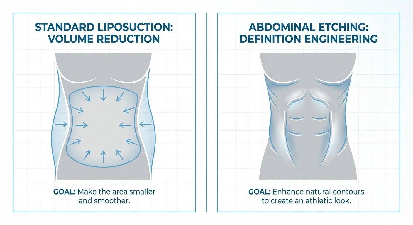 Two-panel illustration comparing standard liposuction focused on volume reduction with abdominal etching focused on definition engineering and enhancing natural contours.
