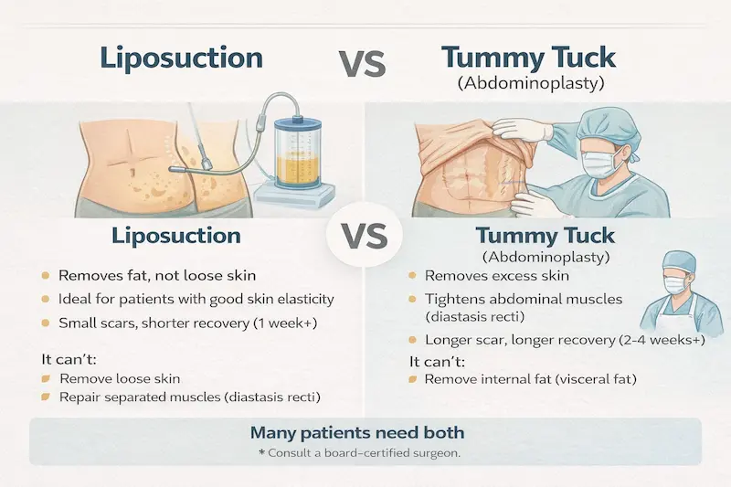 “Liposuction vs tummy tuck infographic explaining fat removal vs excess-skin removal, muscle tightening, and recovery.”