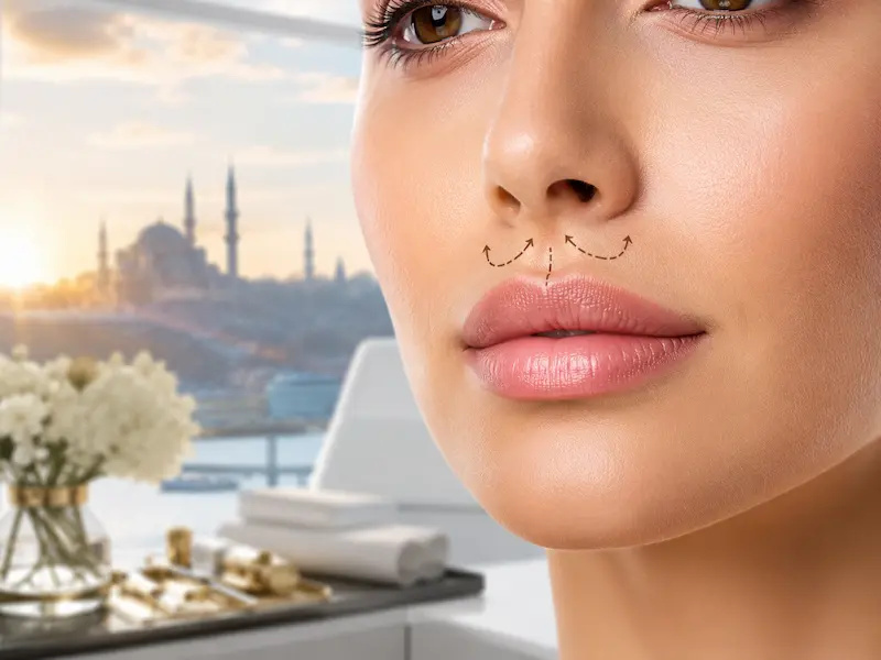 Lippenlifting: Nahaufnahme der Oberlippe mit markierter subnasaler Schnittführung und Hebung des Philtrums vor Istanbul