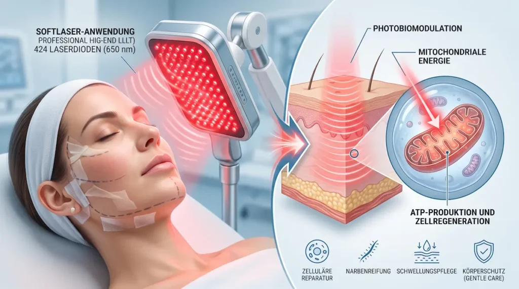 Deep Plane Facelift genesung HBOT LLLT: Softlaser mit 424 Dioden bei 650 nm unterstützt Photobiomodulation und Zellregeneration.