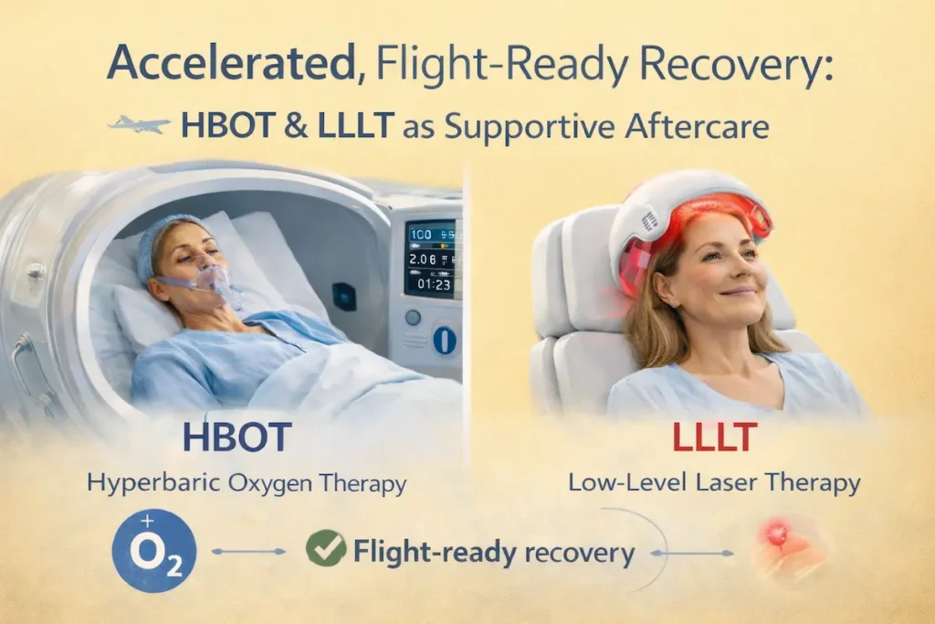 Awake facelift benefits visual showing HBOT and LLLT supportive aftercare for flight-ready recovery, with hyperbaric oxygen therapy and low-level laser therapy.