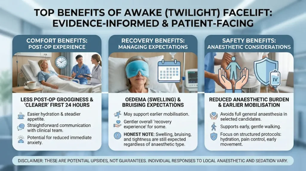 Awake facelift benefits infographic outlining comfort, recovery, and safety outcomes with local anaesthesia, twilight sedation, and realistic expectations for oedema and bruising.