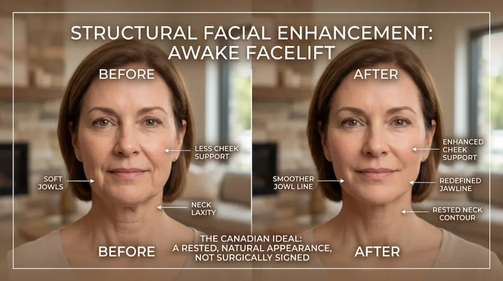 Awake facelift before and after image showing cheek support, smoother jowls, refined jawline and rested neck contour.