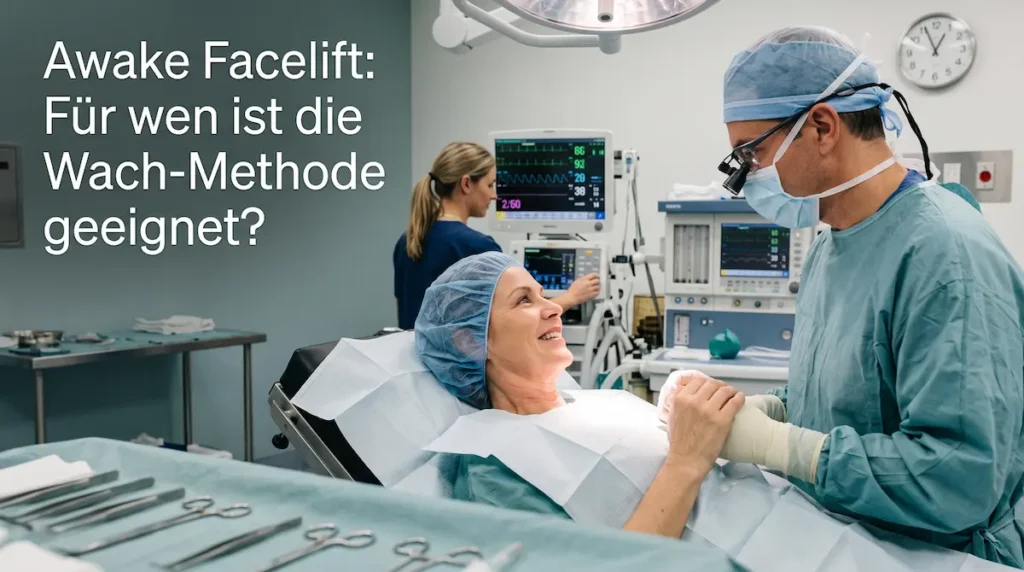 Awake Facelift Schmerzen: Ansprechbare Patientin im OP bei einem Facelift in Lokalanästhesie im Gespräch mit dem Operateur.