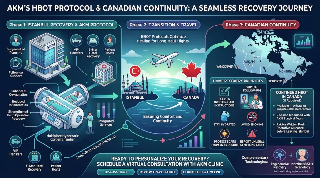 Hyperbaric oxygen therapy benefits infographic showing AKM’s HBOT protocol, long-haul travel planning, and Canadian recovery continuity.