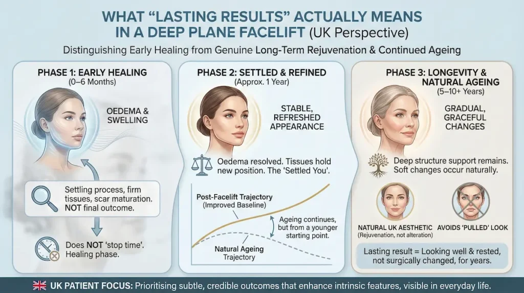 How Long Does Deep Plane Facelift Last infographic showing early healing, settled phase, and longevity with natural ageing over 5 to 10 plus years for UK patients