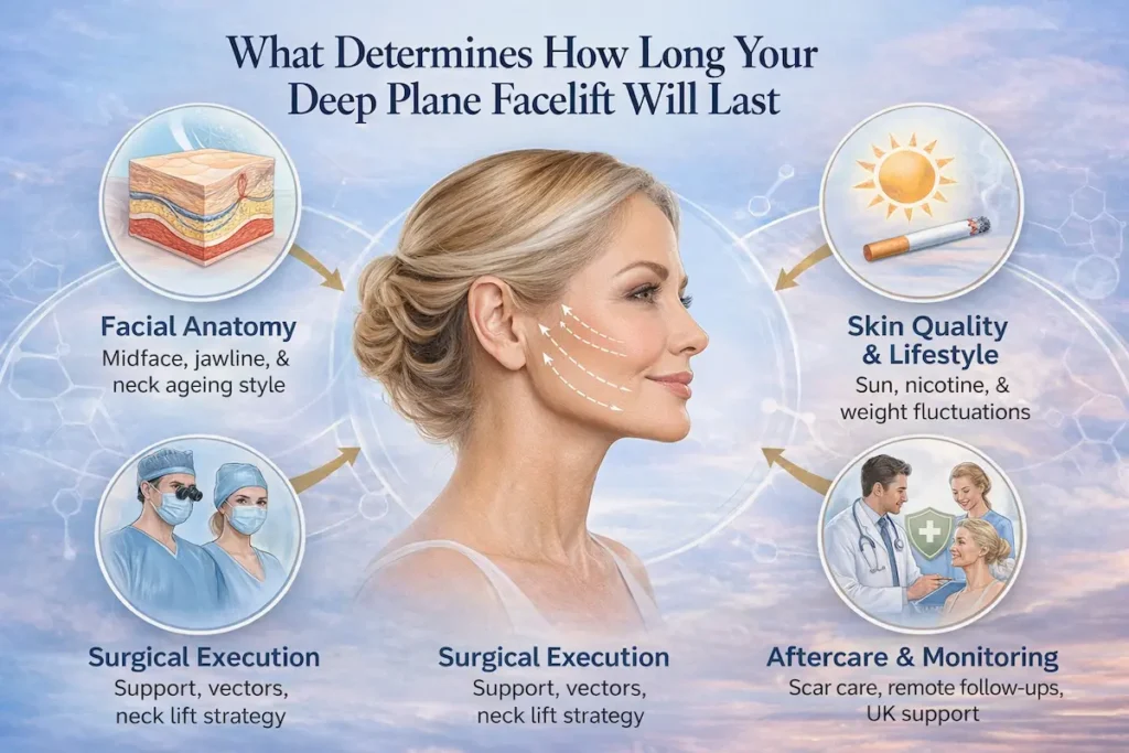 How Long Does Deep Plane Facelift Last infographic showing factors that influence longevity, including facial anatomy, skin quality, surgical execution, and aftercare.