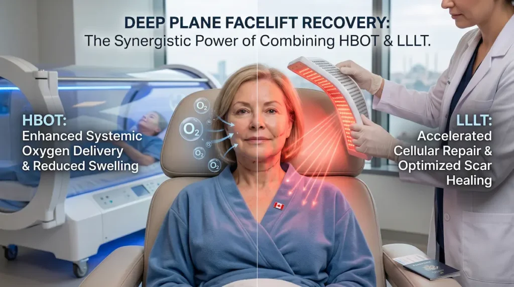 Deep plane facelift recovery HBOT LLLT image showing HBOT oxygen support and LLLT scar healing working together.