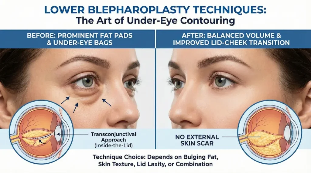 Lower Blepharoplasty Surgery infographic showing transconjunctival (inside-the-lid) technique for under-eye bags with no external scar.