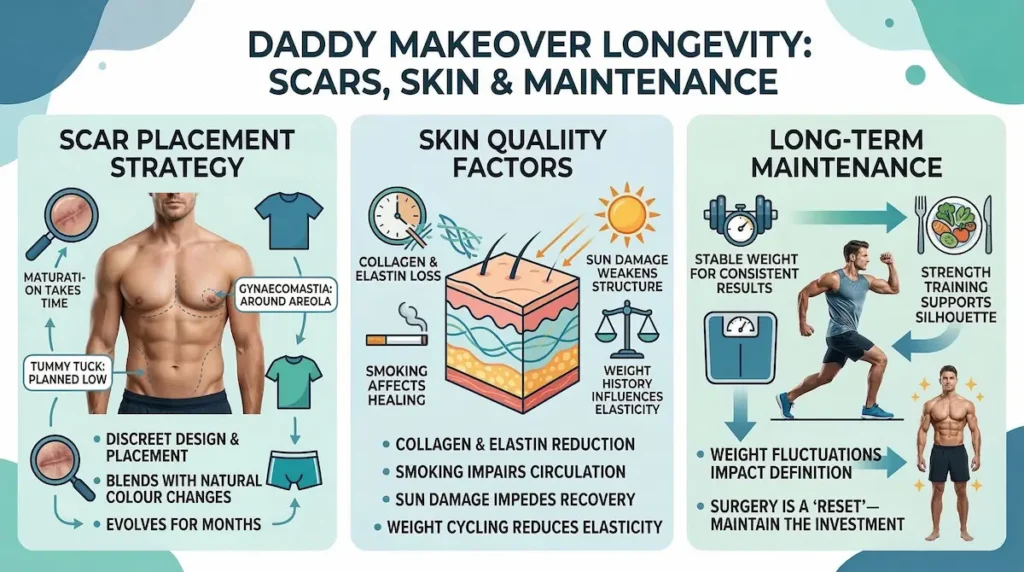 Daddy Makeover longevity infographic showing scar placement, skin quality factors, and long-term maintenance for male body contouring results.