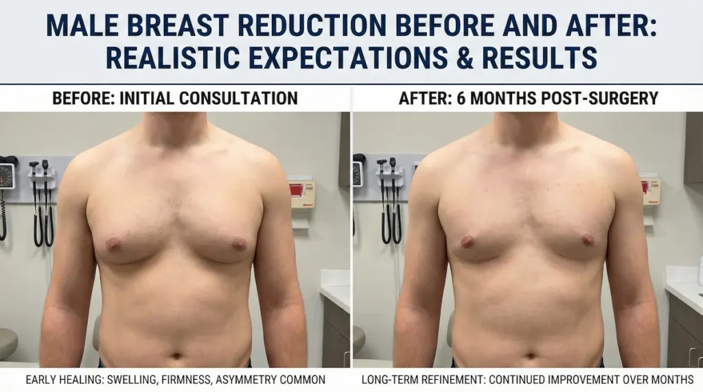 Male breast reduction before and after gynaecomastia surgery, showing a flatter chest contour at 6 months post-op.