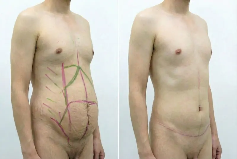 Male tummy tuck before and after side-view photo of an adult man, showing removal of overhanging lower belly skin and a flatter abdomen with a low horizontal scar