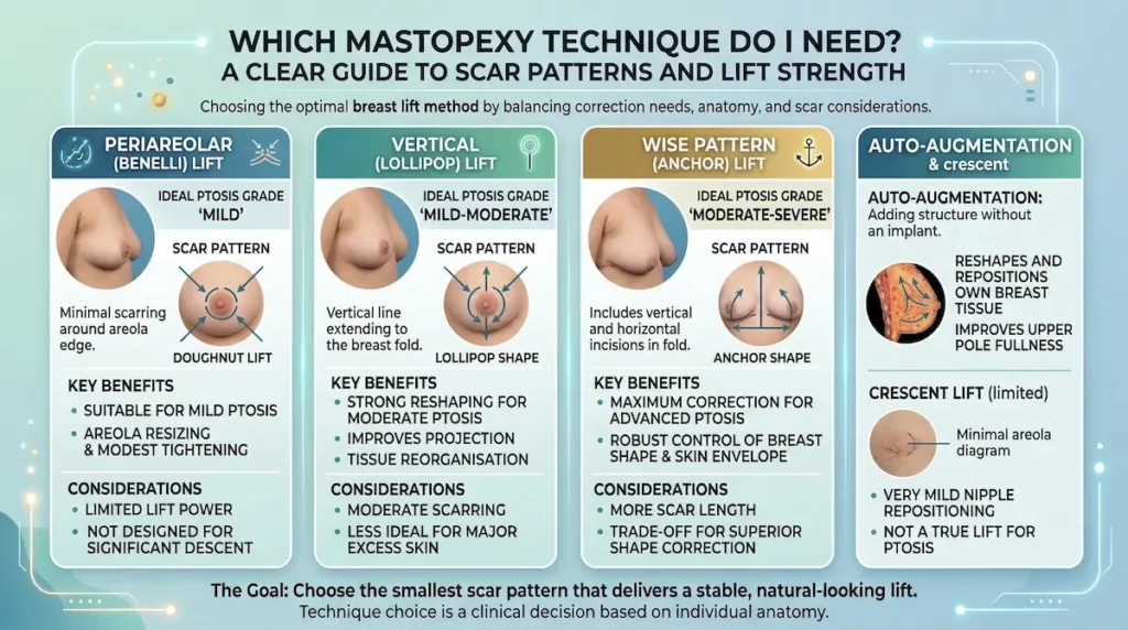 Breast Uplift (Mastopexy) techniques infographic comparing periareolar (Benelli), vertical lollipop, Wise pattern anchor scars, and auto-augmentation options.