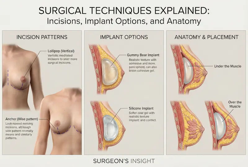 Mastopexy with Augmentation Surgical Techniques showing incision patterns, implant options, and under vs over muscle placement.