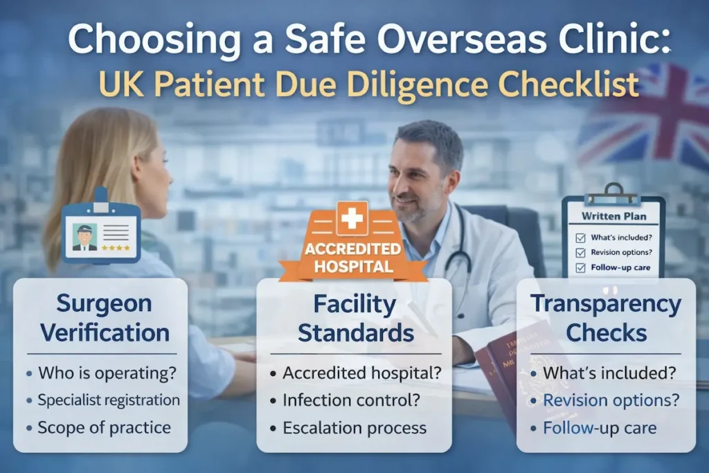 Surgery Abroad Safety Checklist graphic for UK patients showing overseas clinic due diligence: surgeon verification, facility standards and transparency checks.