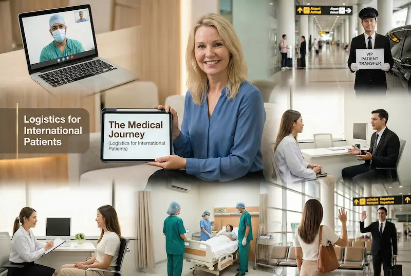 Medical journey for Thigh Lift surgery showing online consultation, VIP airport transfer, in-person assessment, hospital care, and follow-up.