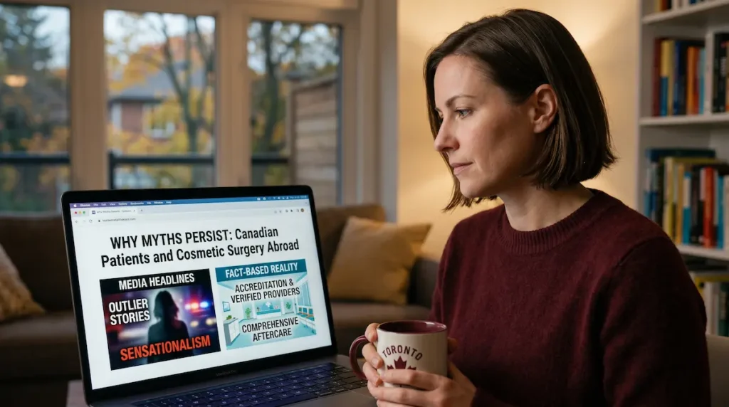 Canadian patient researching Turkey plastic surgery myths on a laptop, comparing sensational headlines with fact-based reality.