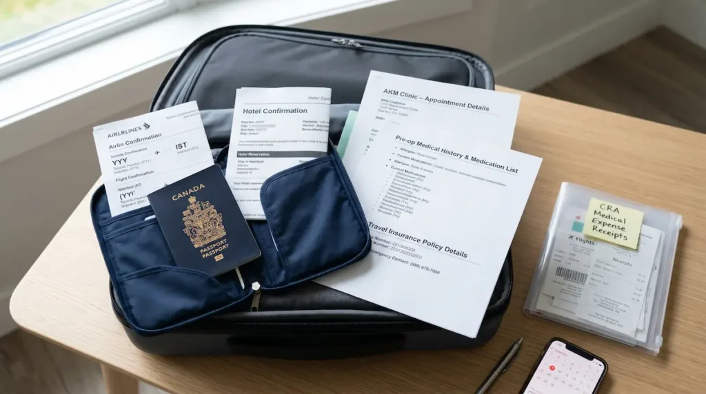 Essential travel papers for a medical tourism packing checklist, including Canadian passport, clinic forms, insurance, and CRA receipts.