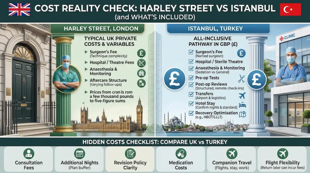 Flying to Turkey for Facelift cost comparison infographic showing Harley Street London versus Istanbul packages in GBP, including theatre fees, anaesthesia, aftercare and hidden costs.