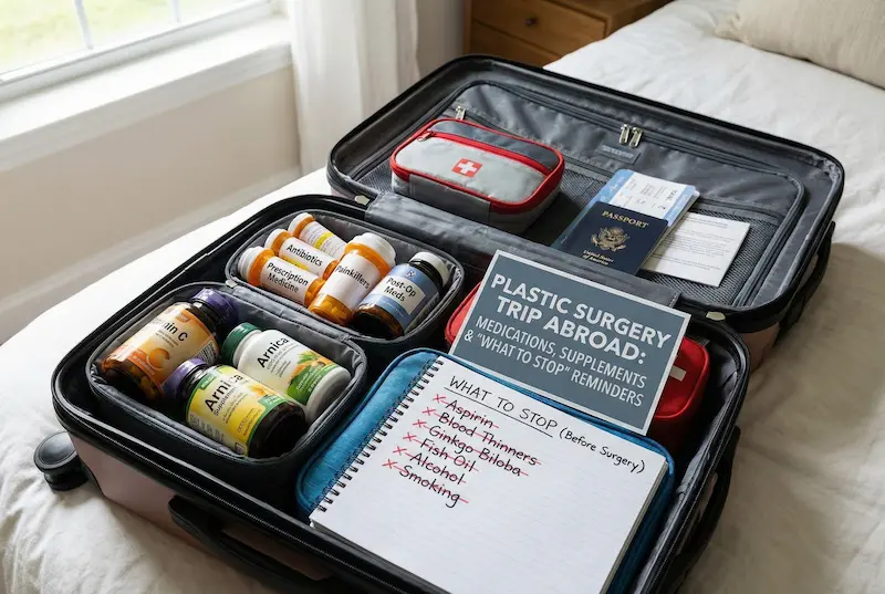 Medications, Supplements, And “what To Stop” Reminders: suitcase with labeled prescriptions, supplements, and stop list notebook.