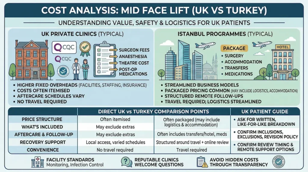 Mid Face Lift cost Turkey vs UK infographic comparing UK private clinic itemised pricing with Istanbul packaged programmes, aftercare, and travel logistics for UK patients.