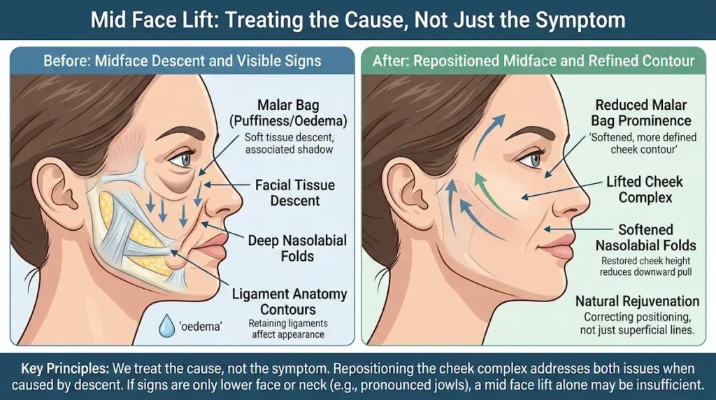 Mid Face Lift diagram for malar bags and nasolabial folds, showing midface descent before treatment and a lifted cheek complex with softened folds after repositioning.