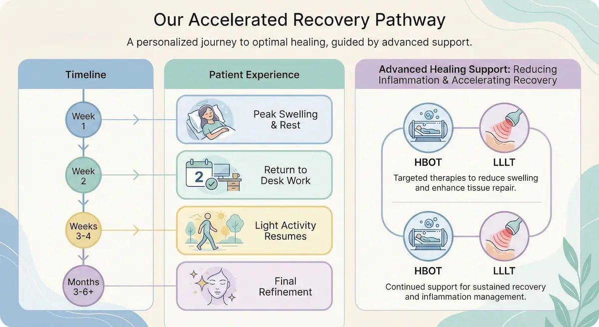 Infographic showing an accelerated recovery pathway after mid facelift, including HBOT and LLLT support across weeks and months.