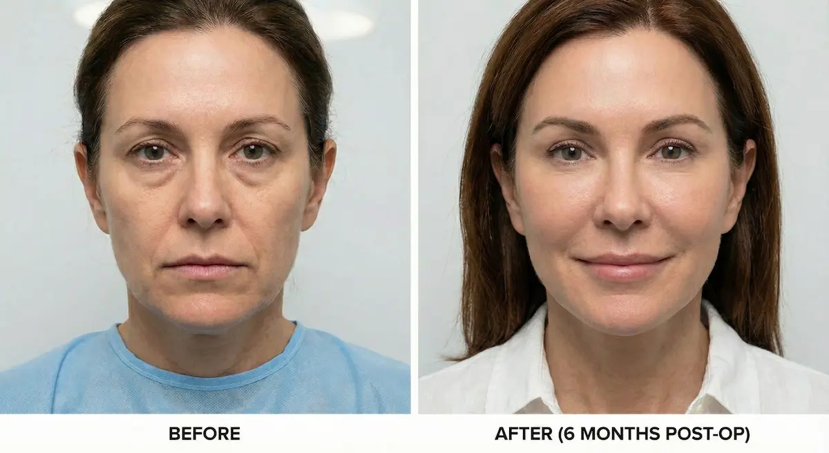 Front-view before and after at 6 months following a mid facelift, showing improved midface support and smoother facial contours.