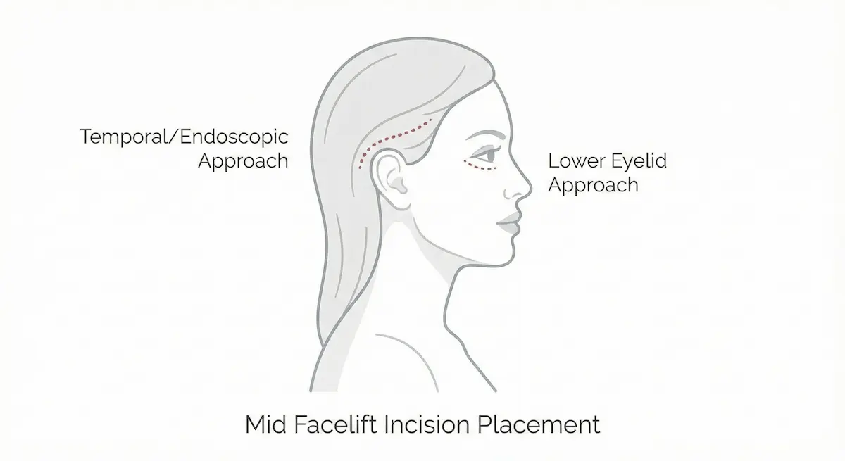 Diagram showing mid facelift incision placement in the temple/hairline and lower eyelid regions for different surgical approaches.