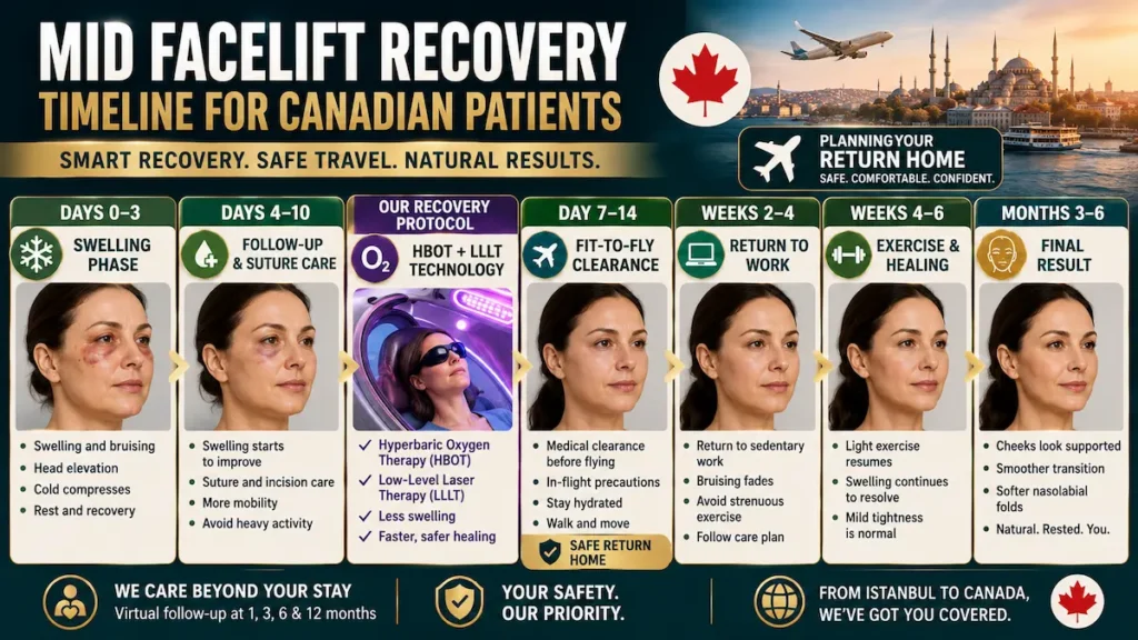 Mid Facelift Recovery Timeline for Canadian Patients showing swelling, follow-up, HBOT, LLLT, fit-to-fly clearance and final results.