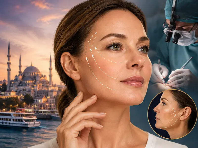 Mid Facelift Surgery image showing cheek lift vectors, facial rejuvenation, Istanbul background and clinical precision.