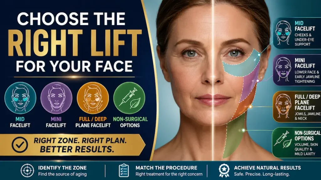 Mid vs Full vs Mini Facelift + Non-Surgical Options diagram comparing facial zones and treatment choices.