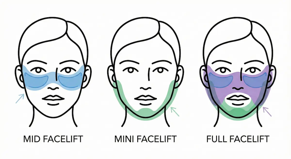 Diagram comparing treatment areas of mid facelift, mini facelift, and full facelift across the midface and lower face.