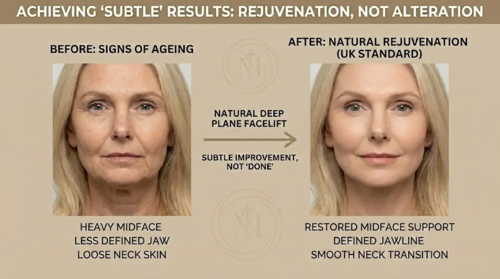 Deep Plane Facelift Before After image showing a subtle UK standard result with restored midface support, a more defined jawline, and a smoother neck transition.
