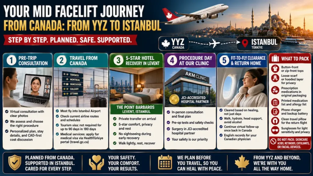 Your Midface Lift Journey from Canada to Istanbul showing consultation, travel, hotel recovery, procedure day and fit-to-fly clearance.