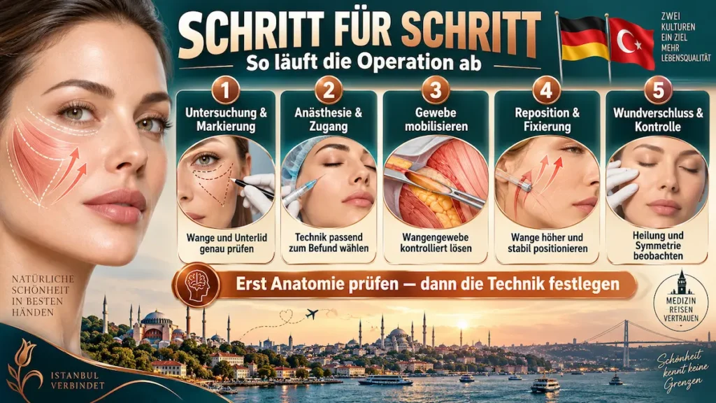 Midface-Lift Schritt für Schritt: Untersuchung, Zugang, Gewebemobilisierung, Fixierung und Kontrolle