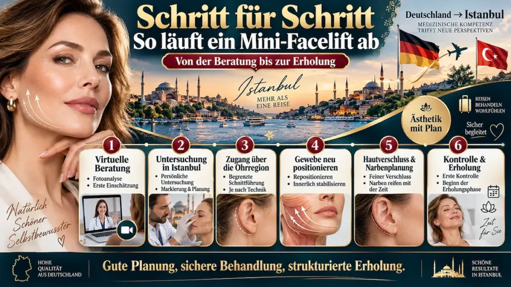 Mini-Facelift Ablauf in sechs Schritten: Beratung, Untersuchung, Schnittführung, Gewebestraffung, Wundverschluss und Erholung.