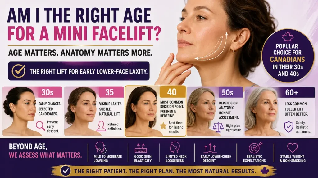 Mini facelift age candidacy infographic showing 30s, 40s, 50s, and 60+ suitability for Canadian patients.
