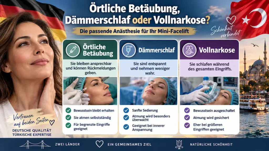 Mini-Facelift ohne Vollnarkose: Vergleich von örtlicher Betäubung, Dämmerschlaf und Vollnarkose beim Eingriff.
