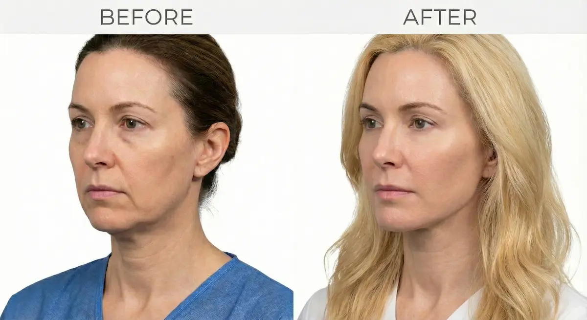 Before-and-after mini facelift photo in three-quarter view showing improved jawline definition and reduced lower-face heaviness.
