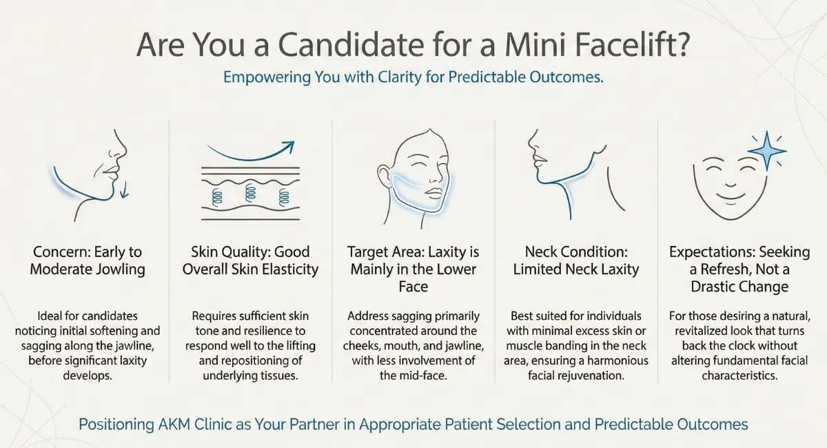 Mini facelift candidacy infographic listing early-to-moderate jowling, good skin elasticity, lower-face laxity, limited neck laxity, and natural-result expectations.